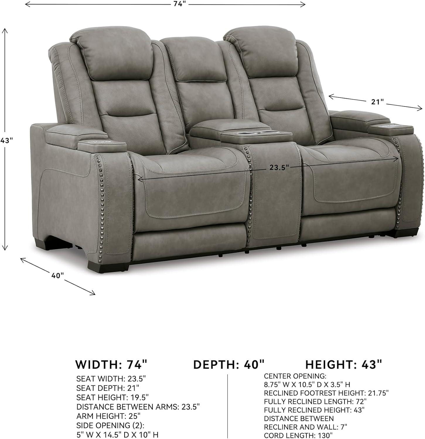 imageSignature Design by Ashley The ManDen Leather Power Reclining Loveseat with Center Console Adjustable Headrest ampamp Wireless Charging GrayGrey