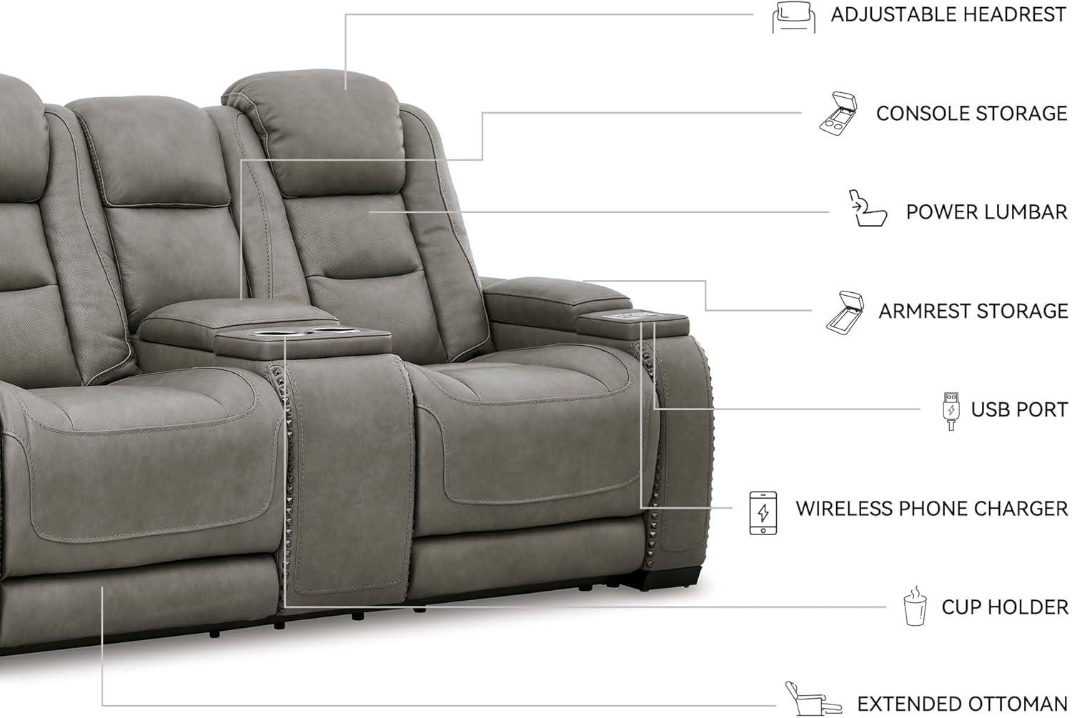 imageSignature Design by Ashley The ManDen Leather Power Reclining Loveseat with Center Console Adjustable Headrest ampamp Wireless Charging GrayGrey