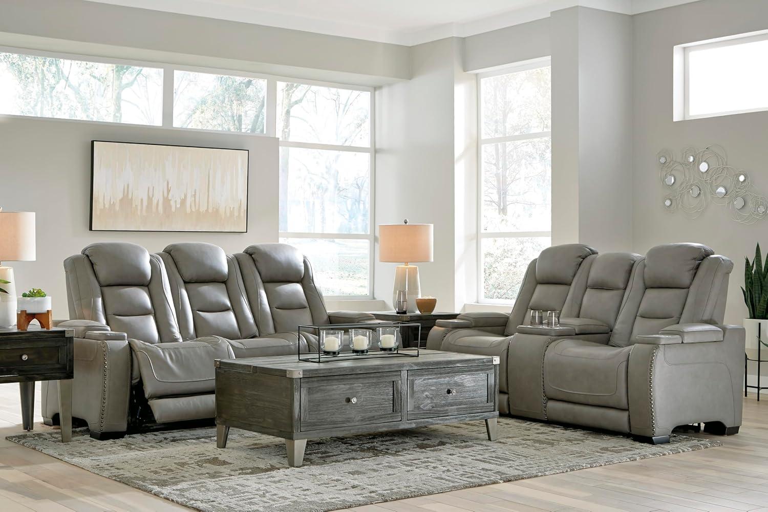 imageSignature Design by Ashley The ManDen Leather Power Reclining Loveseat with Center Console Adjustable Headrest ampamp Wireless Charging GrayGrey