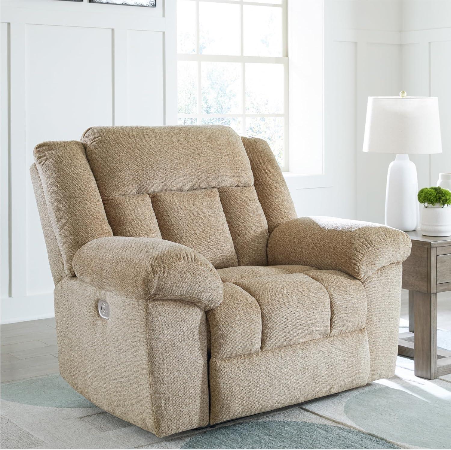 imageSignature Design by Ashley TipOff Classic Wall Hugger Power Recliner with Adjustable Headrest and USB Ports Light BrownLight Brown