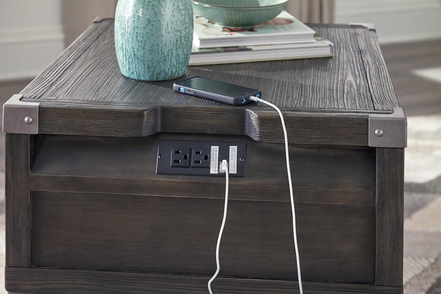 imageSignature Design by Ashley Todoe Industrial SpringLift Top Coffee Table 2 Storage Drawers Metal Legs Wood 5438quot W x 285quot D x 1825quot H Dark Gray ampamp Weathered Pine FinishDark Gray