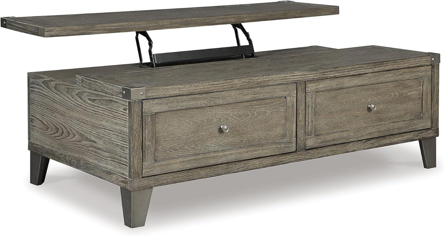 imageSignature Design by Ashley Todoe Industrial SpringLift Top Coffee Table 2 Storage Drawers Metal Legs Wood 5438quot W x 285quot D x 1825quot H Dark Gray ampamp Weathered Pine FinishRustic Brown