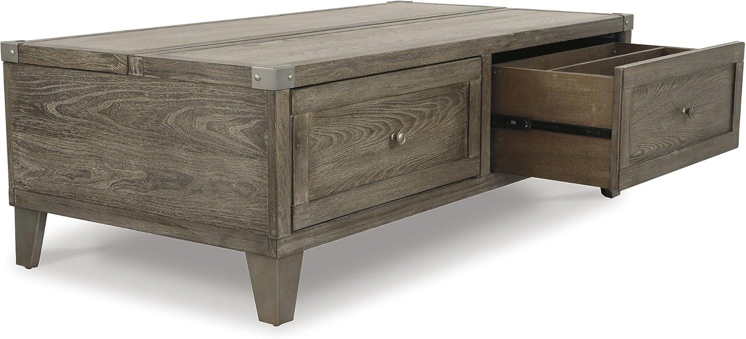 imageSignature Design by Ashley Todoe Industrial SpringLift Top Coffee Table 2 Storage Drawers Metal Legs Wood 5438quot W x 285quot D x 1825quot H Dark Gray ampamp Weathered Pine FinishRustic Brown