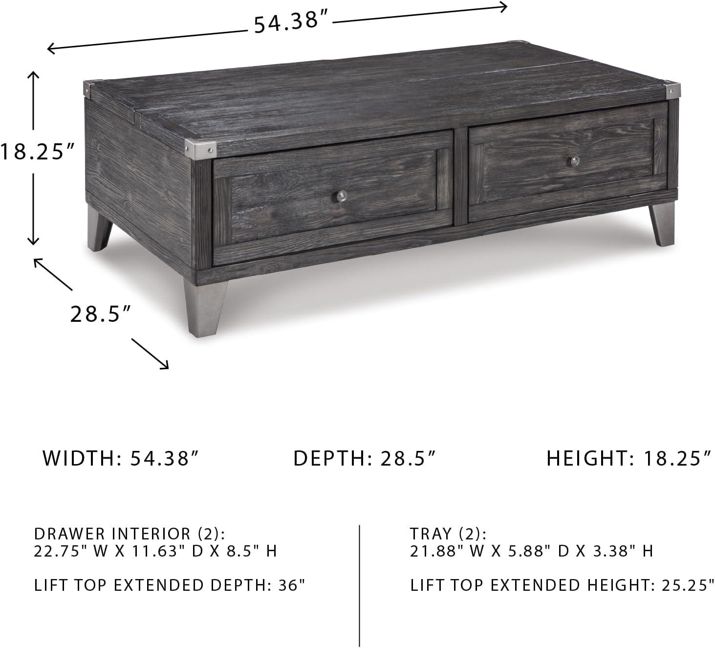 imageSignature Design by Ashley Todoe Industrial SpringLift Top Coffee Table 2 Storage Drawers Metal Legs Wood 5438quot W x 285quot D x 1825quot H Dark Gray ampamp Weathered Pine FinishDark Gray