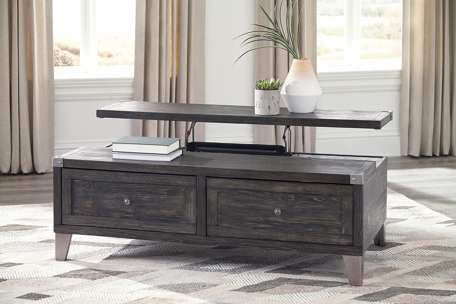 imageSignature Design by Ashley Todoe Industrial SpringLift Top Coffee Table 2 Storage Drawers Metal Legs Wood 5438quot W x 285quot D x 1825quot H Dark Gray ampamp Weathered Pine FinishDark Gray