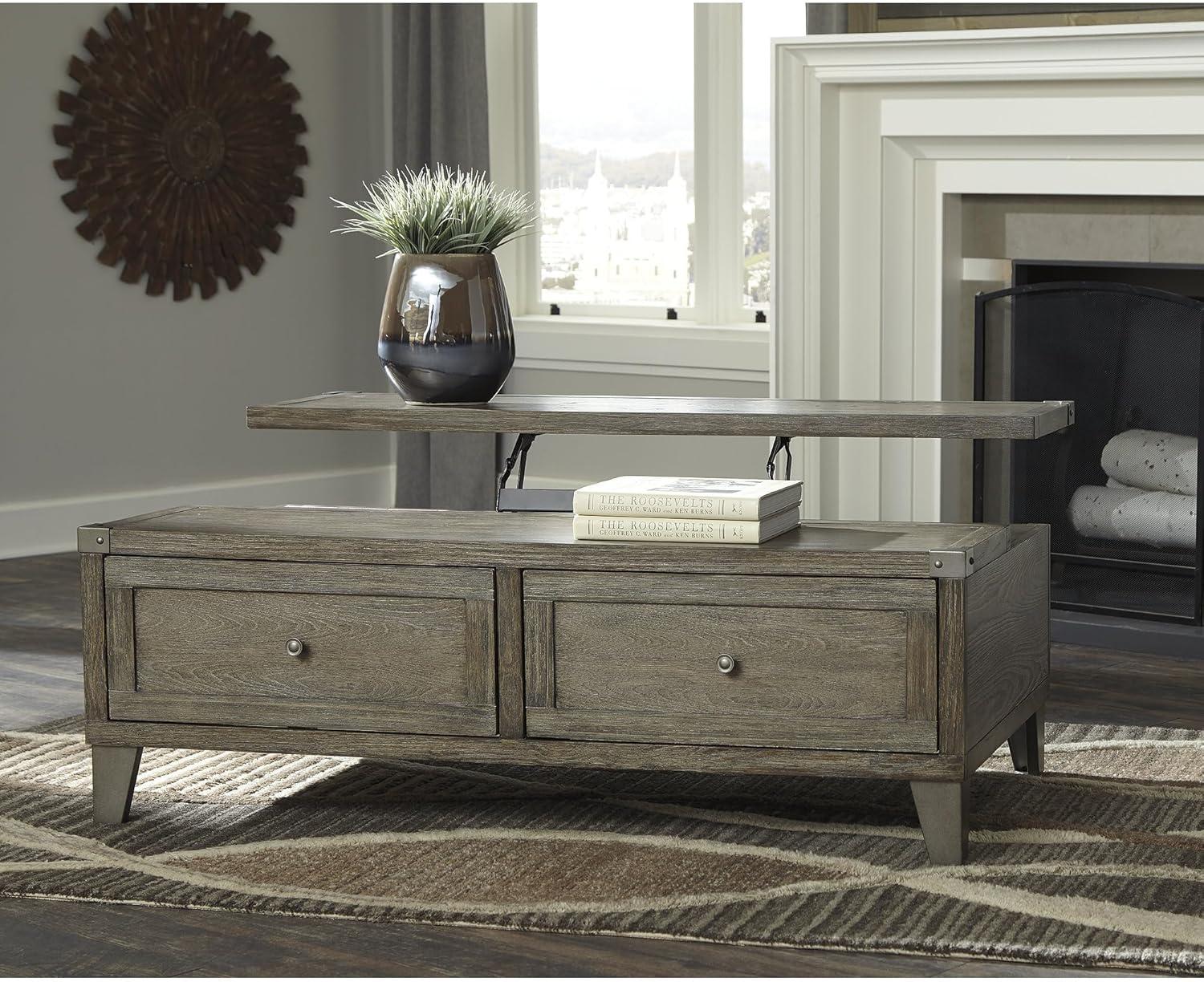 imageSignature Design by Ashley Todoe Industrial SpringLift Top Coffee Table 2 Storage Drawers Metal Legs Wood 5438quot W x 285quot D x 1825quot H Dark Gray ampamp Weathered Pine FinishRustic Brown