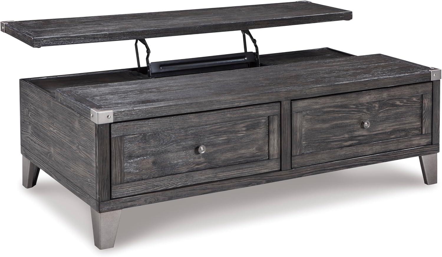 imageSignature Design by Ashley Todoe Industrial SpringLift Top Coffee Table 2 Storage Drawers Metal Legs Wood 5438quot W x 285quot D x 1825quot H Dark Gray ampamp Weathered Pine FinishDark Gray