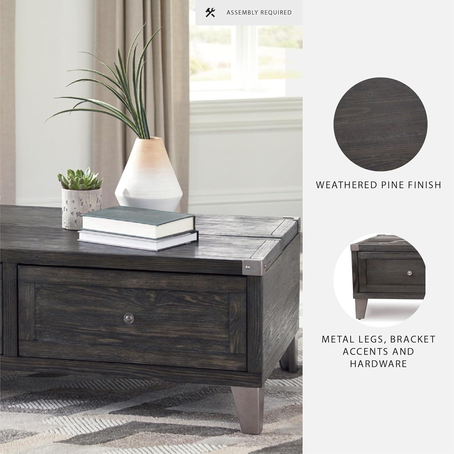 imageSignature Design by Ashley Todoe Industrial SpringLift Top Coffee Table 2 Storage Drawers Metal Legs Wood 5438quot W x 285quot D x 1825quot H Dark Gray ampamp Weathered Pine FinishDark Gray