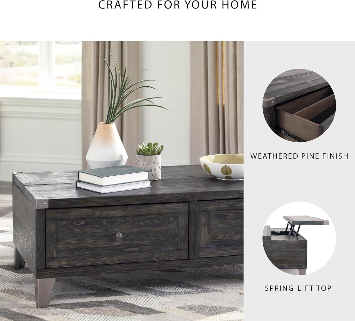 imageSignature Design by Ashley Todoe Industrial SpringLift Top Coffee Table 2 Storage Drawers Metal Legs Wood 5438quot W x 285quot D x 1825quot H Dark Gray ampamp Weathered Pine FinishDark Gray