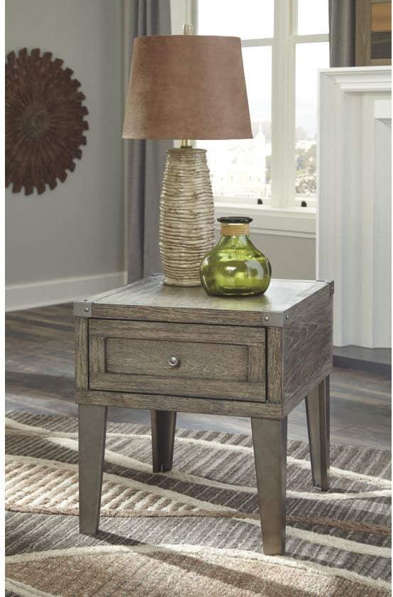 imageSignature Design by Ashley Todoe Industrial SpringLift Top Coffee Table 2 Storage Drawers Metal Legs Wood 5438quot W x 285quot D x 1825quot H Dark Gray ampamp Weathered Pine FinishRustic Brown