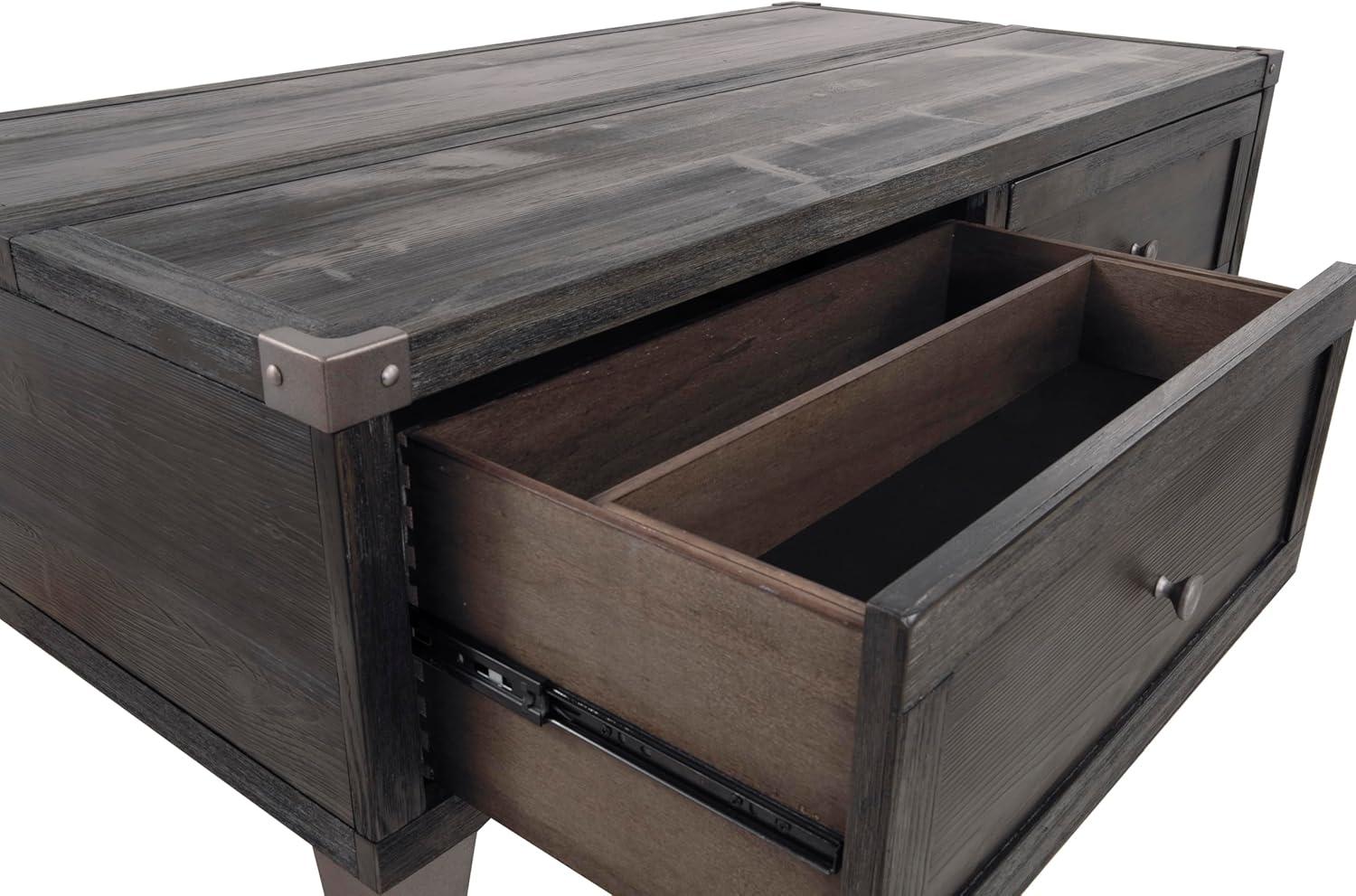 imageSignature Design by Ashley Todoe Industrial SpringLift Top Coffee Table 2 Storage Drawers Metal Legs Wood 5438quot W x 285quot D x 1825quot H Dark Gray ampamp Weathered Pine FinishDark Gray