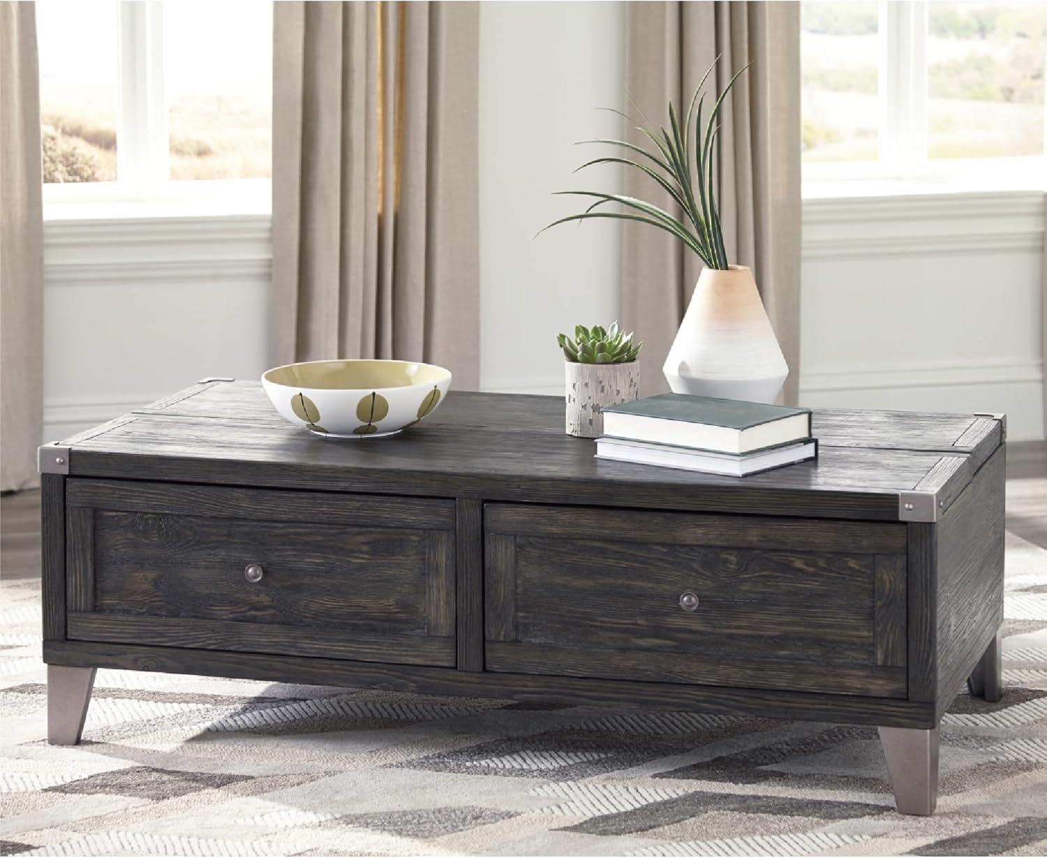imageSignature Design by Ashley Todoe Industrial SpringLift Top Coffee Table 2 Storage Drawers Metal Legs Wood 5438quot W x 285quot D x 1825quot H Dark Gray ampamp Weathered Pine FinishDark Gray