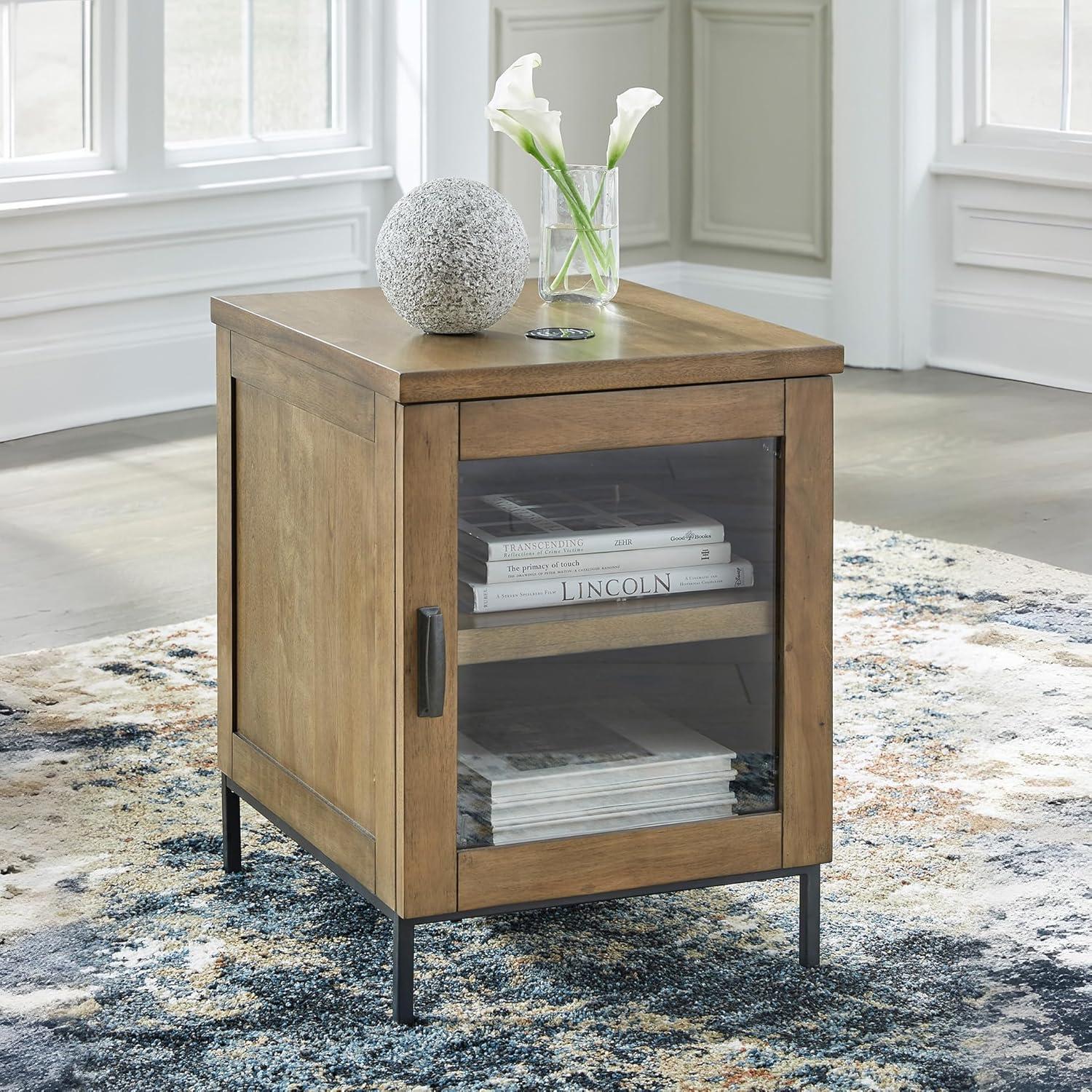 imageSignature Design by Ashley Torlanta Contemporary Chairside End Table with 1 Door 1 Shelf and Wireless Charging Light Brown ampamp Black