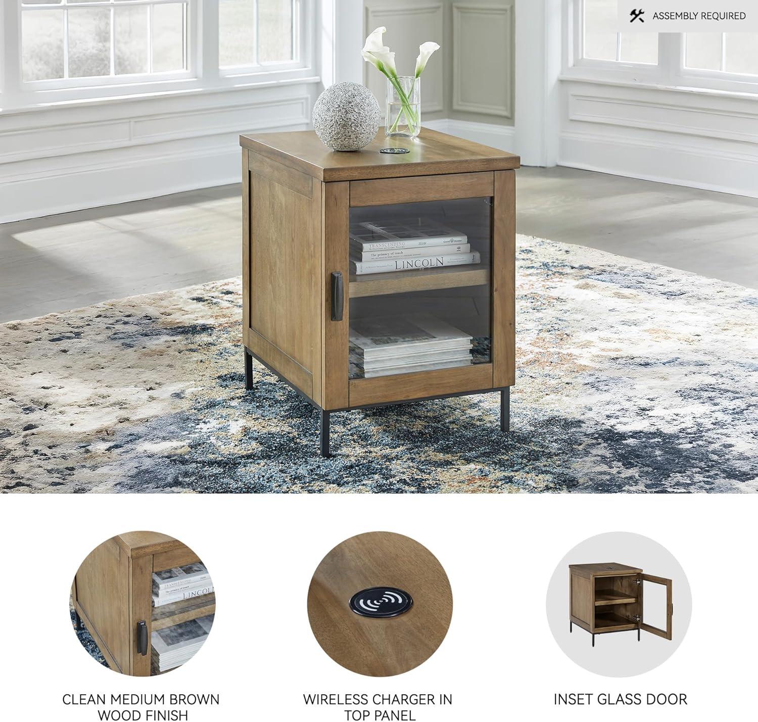 imageSignature Design by Ashley Torlanta Contemporary Chairside End Table with 1 Door 1 Shelf and Wireless Charging Light Brown ampamp Black