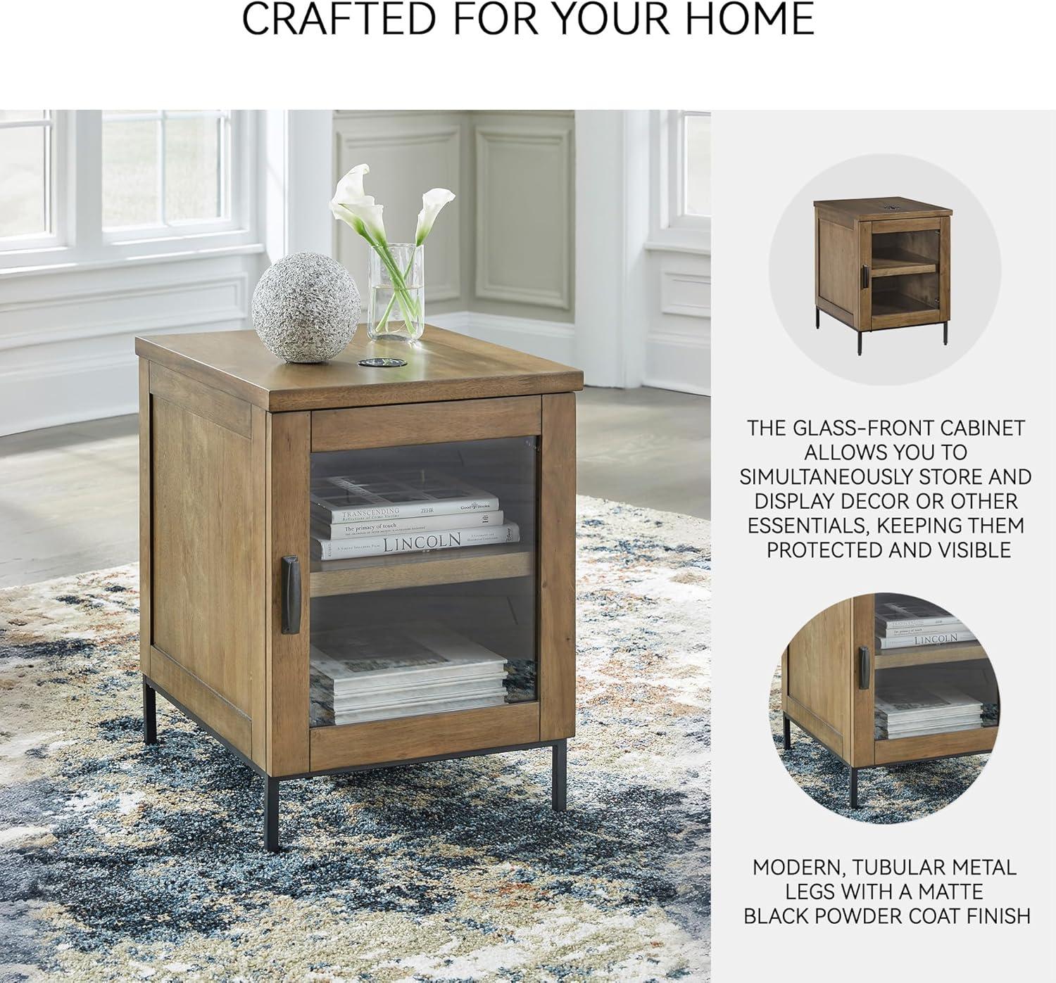 imageSignature Design by Ashley Torlanta Contemporary Chairside End Table with 1 Door 1 Shelf and Wireless Charging Light Brown ampamp Black