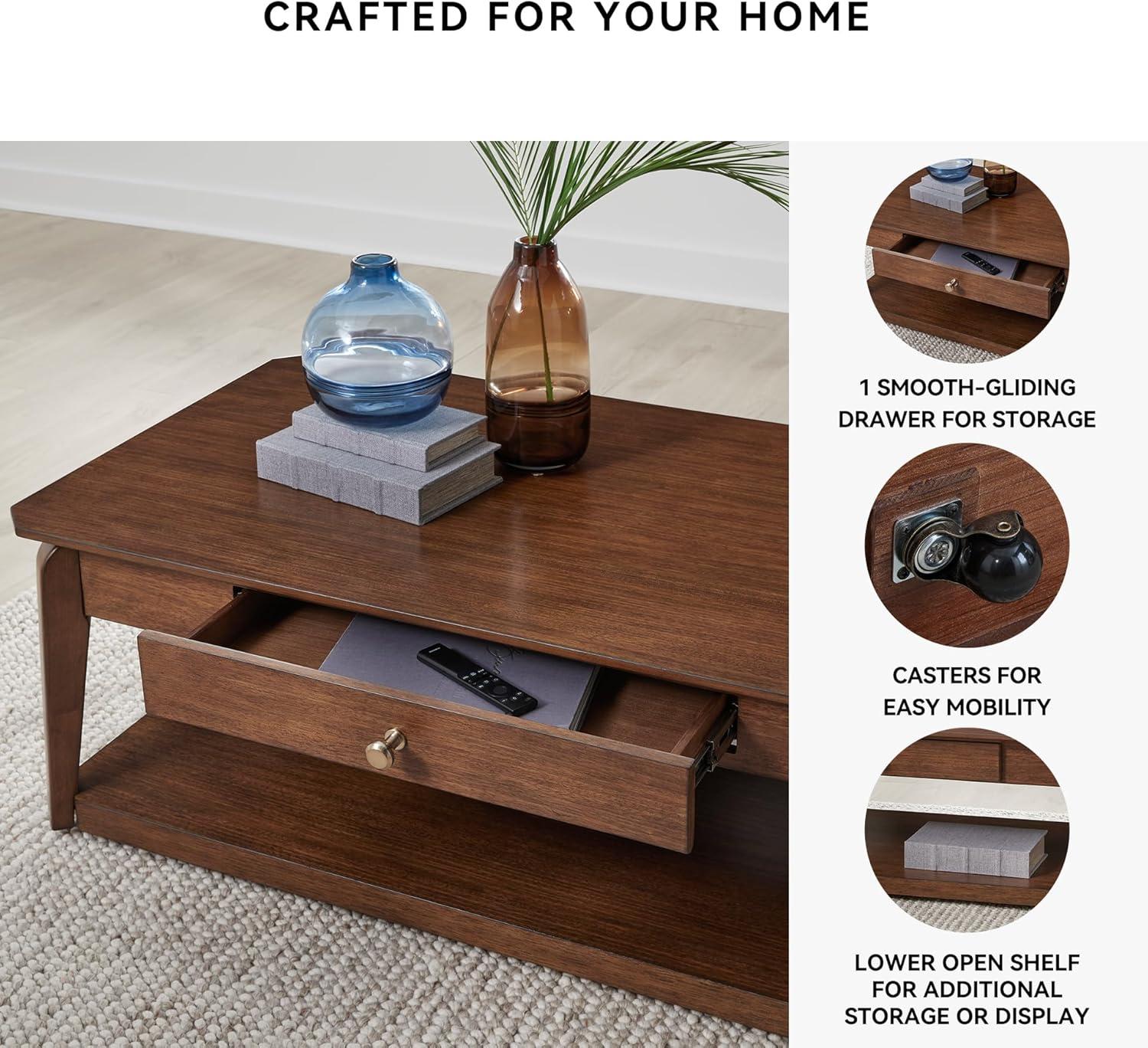 imageSignature Design by Ashley Trenmour MidCentury Modern Coffee Table with 1 Drawer Lower Open Shelf and Casters Light Brown