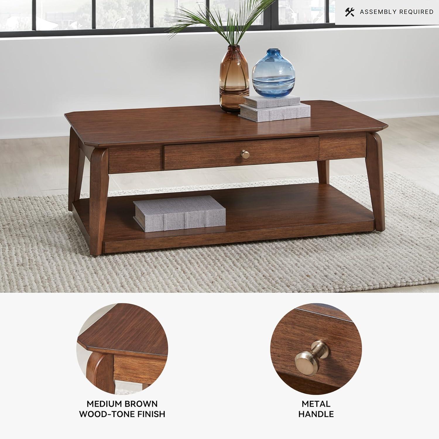 imageSignature Design by Ashley Trenmour MidCentury Modern Coffee Table with 1 Drawer Lower Open Shelf and Casters Light Brown