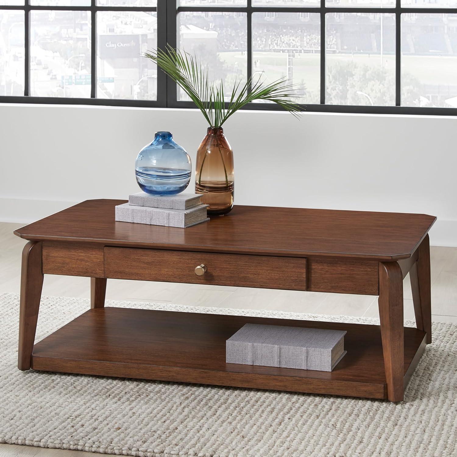 imageSignature Design by Ashley Trenmour MidCentury Modern Coffee Table with 1 Drawer Lower Open Shelf and Casters Light Brown