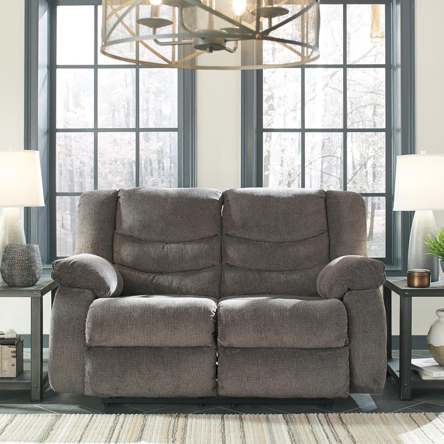 imageSignature Design by Ashley Tulen Modern Manual Pull Tab Reclining Loveseat Dark GrayDark Gray