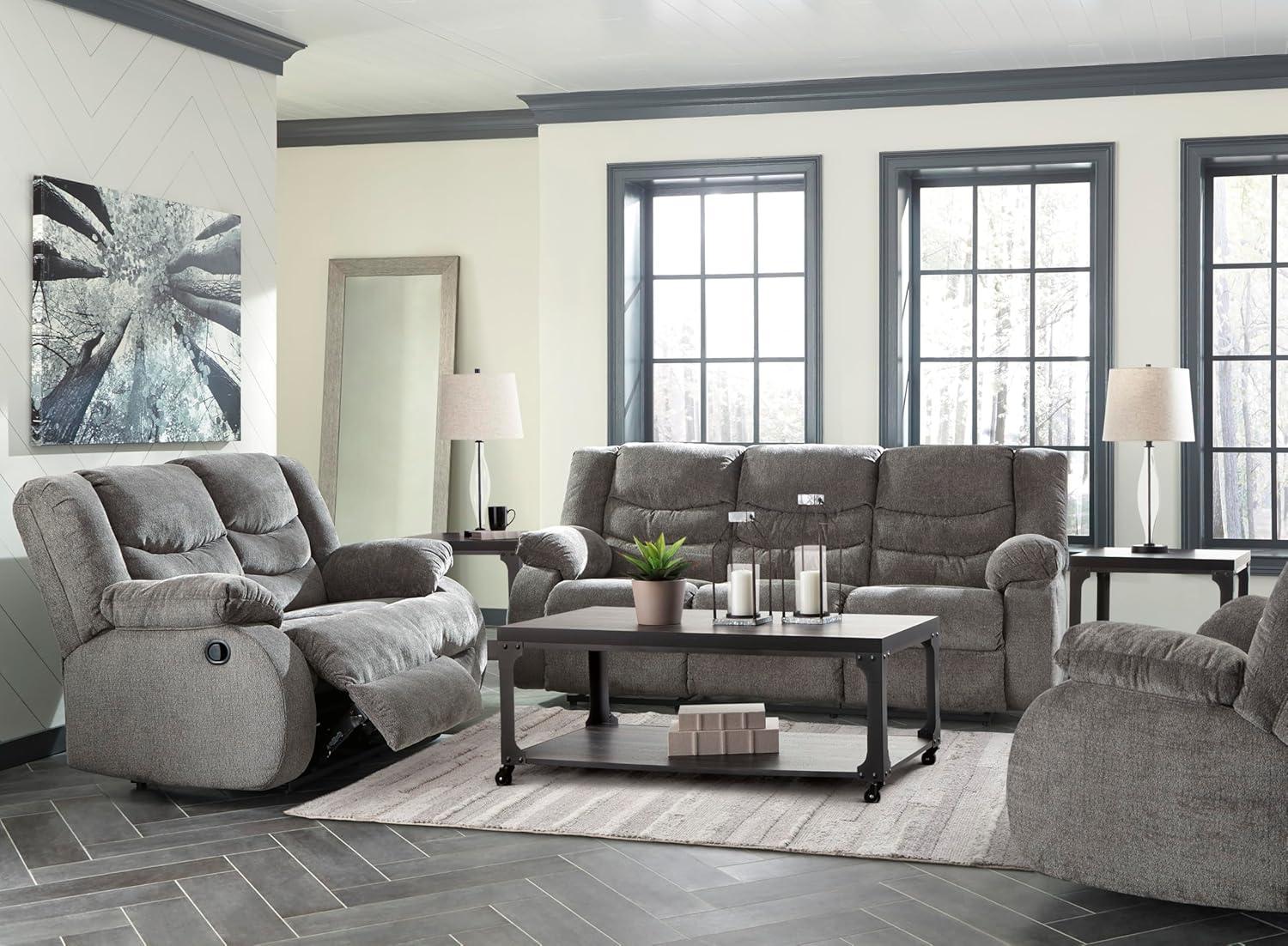 imageSignature Design by Ashley Tulen Modern Manual Pull Tab Reclining Loveseat Dark GrayDark Gray
