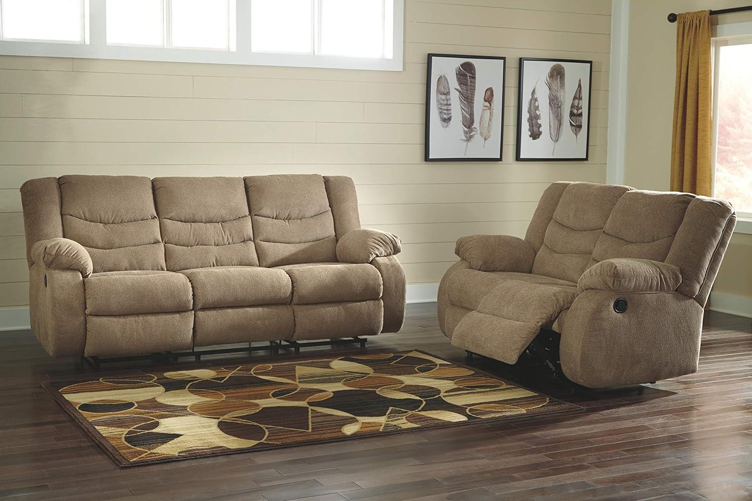 imageSignature Design by Ashley Tulen Modern Manual Pull Tab Reclining Loveseat Dark GrayLight Brown