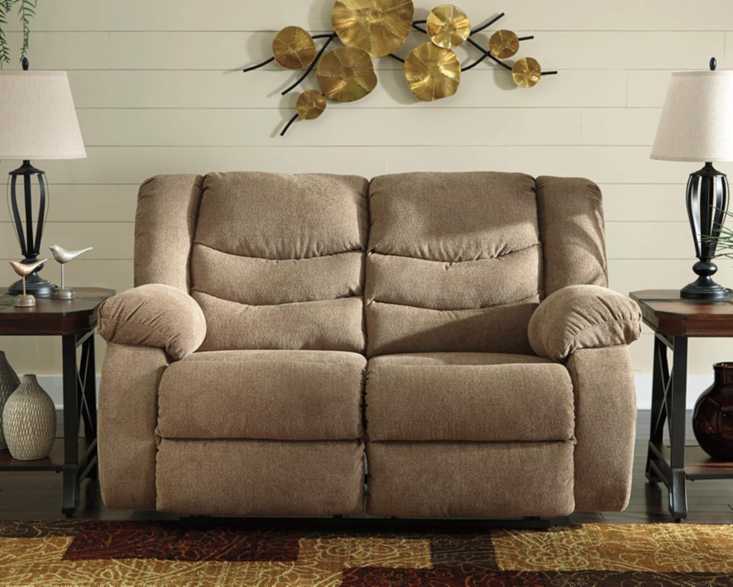imageSignature Design by Ashley Tulen Modern Manual Pull Tab Reclining Loveseat Dark GrayLight Brown
