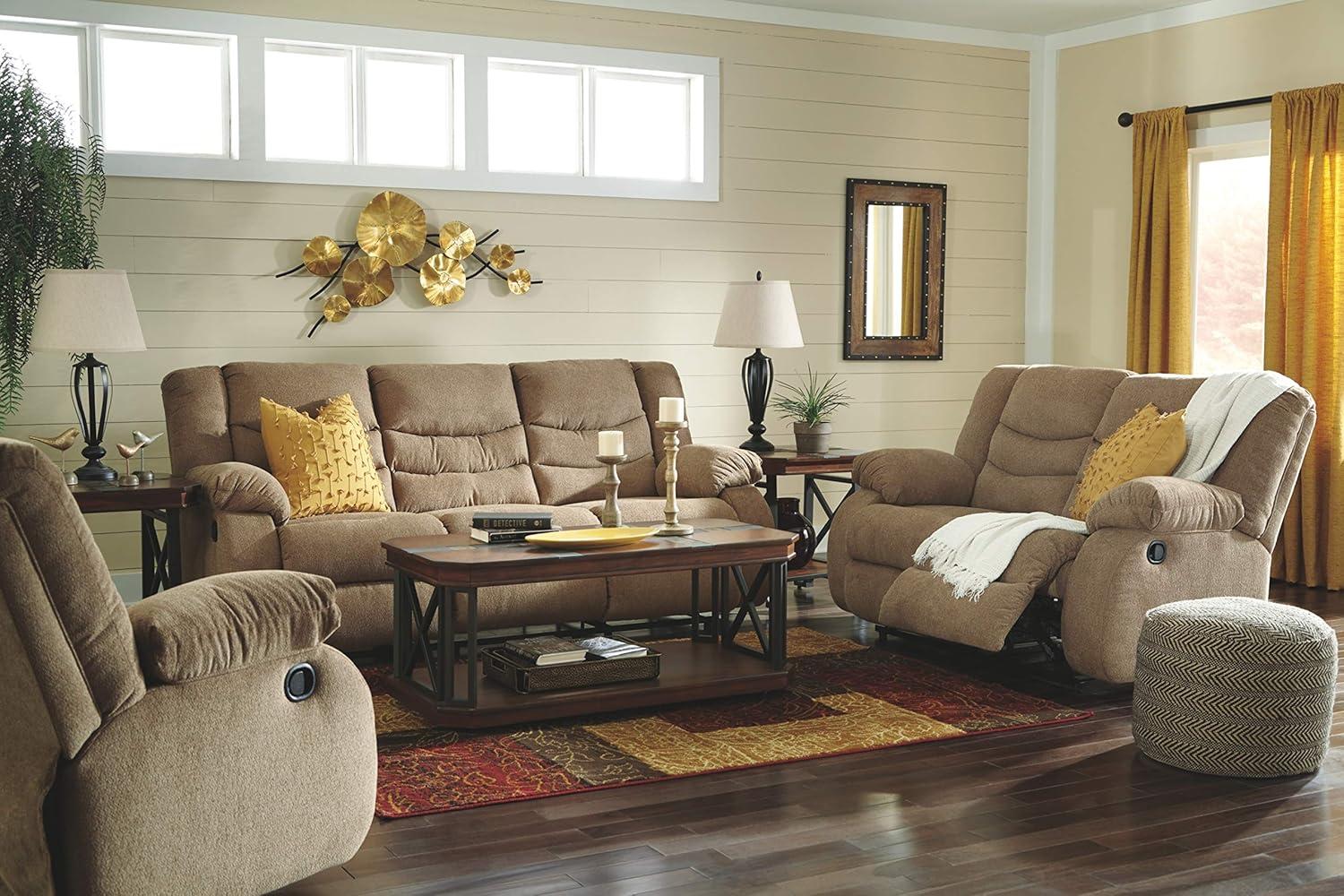 imageSignature Design by Ashley Tulen Modern Manual Pull Tab Reclining Loveseat Dark GrayLight Brown