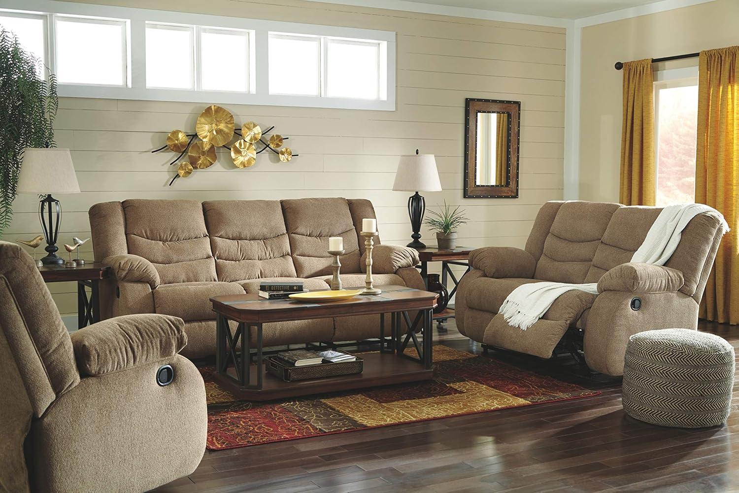 imageSignature Design by Ashley Tulen Modern Manual Pull Tab Reclining Loveseat Dark GrayLight Brown