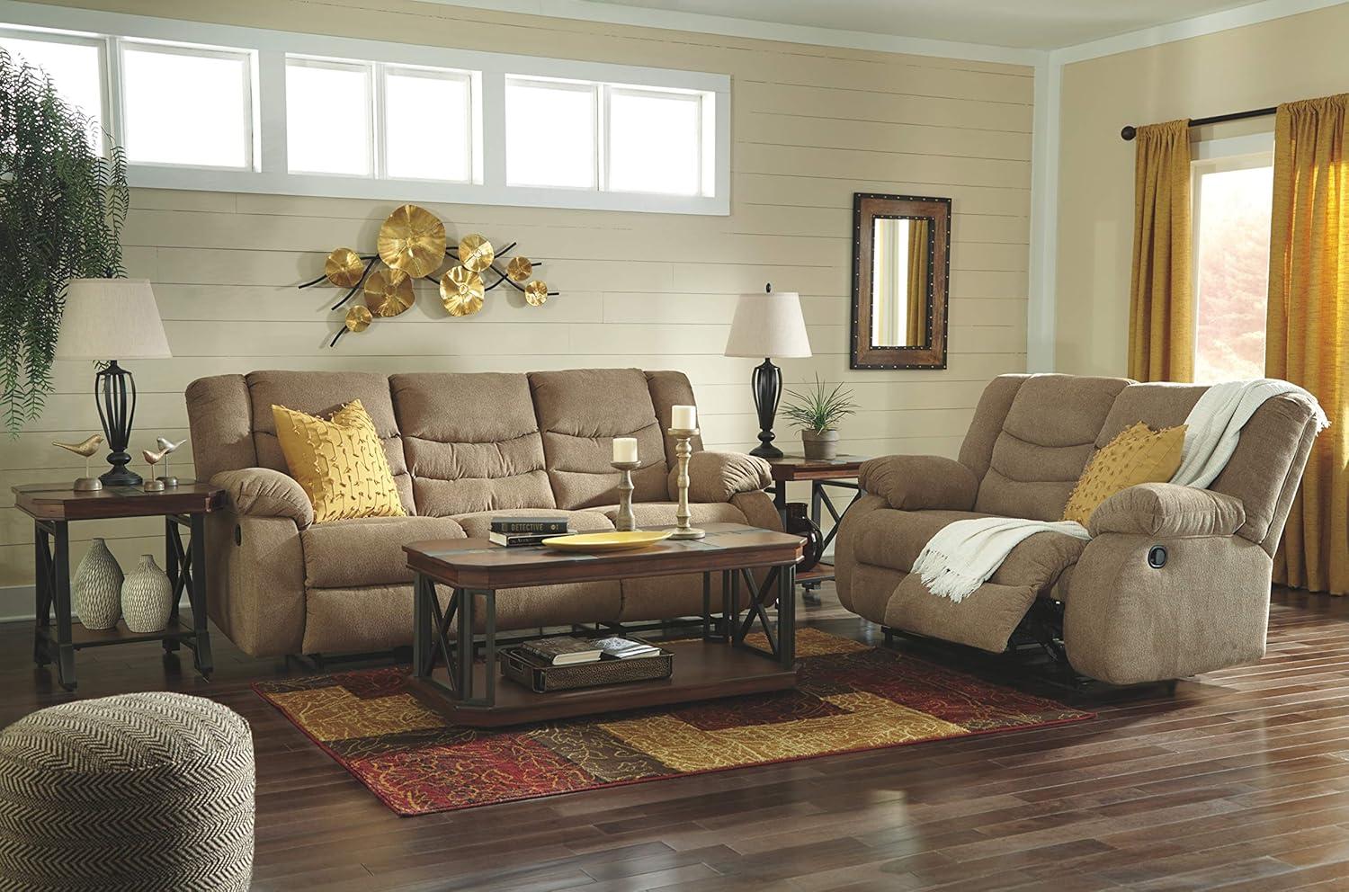 imageSignature Design by Ashley Tulen Modern Manual Pull Tab Reclining Loveseat Dark GrayLight Brown