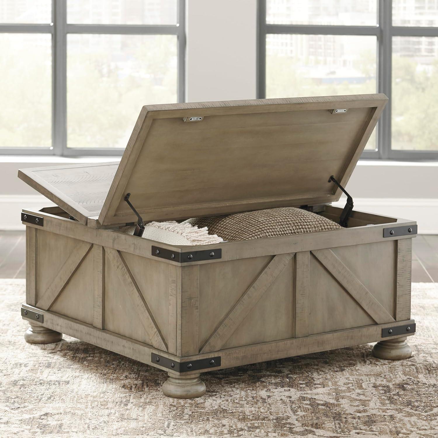 imageSignature Design by Ashley Valebeck Lift Top Coffee Table Storage Splittop Design Wood 36quot W x 36quot D x 18quot H 2tone Distressed Brown ampamp Black FinishGrayish Brown