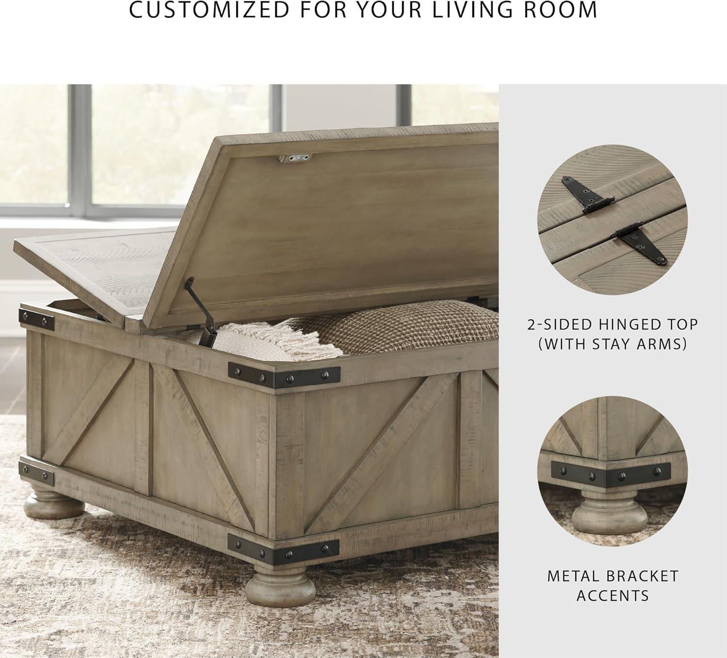 imageSignature Design by Ashley Valebeck Lift Top Coffee Table Storage Splittop Design Wood 36quot W x 36quot D x 18quot H 2tone Distressed Brown ampamp Black FinishGrayish Brown