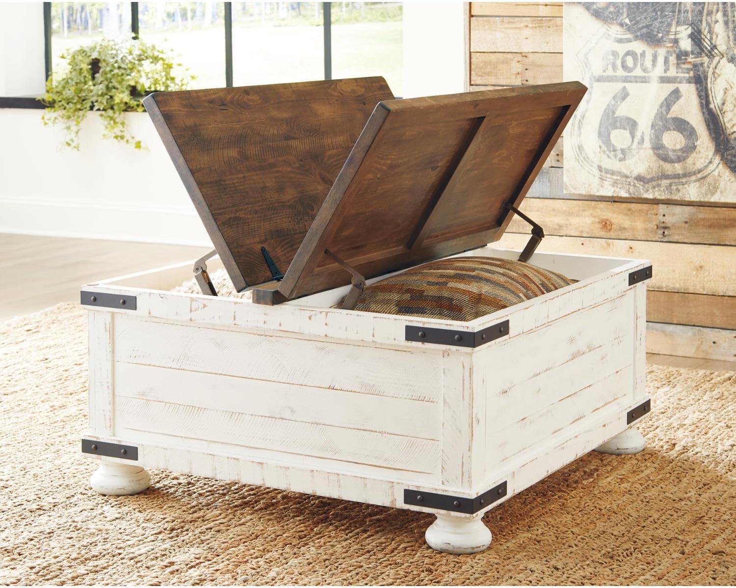 imageSignature Design by Ashley Valebeck Lift Top Coffee Table Storage Splittop Design Wood 36quot W x 36quot D x 18quot H 2tone Distressed Brown ampamp Black FinishWhite