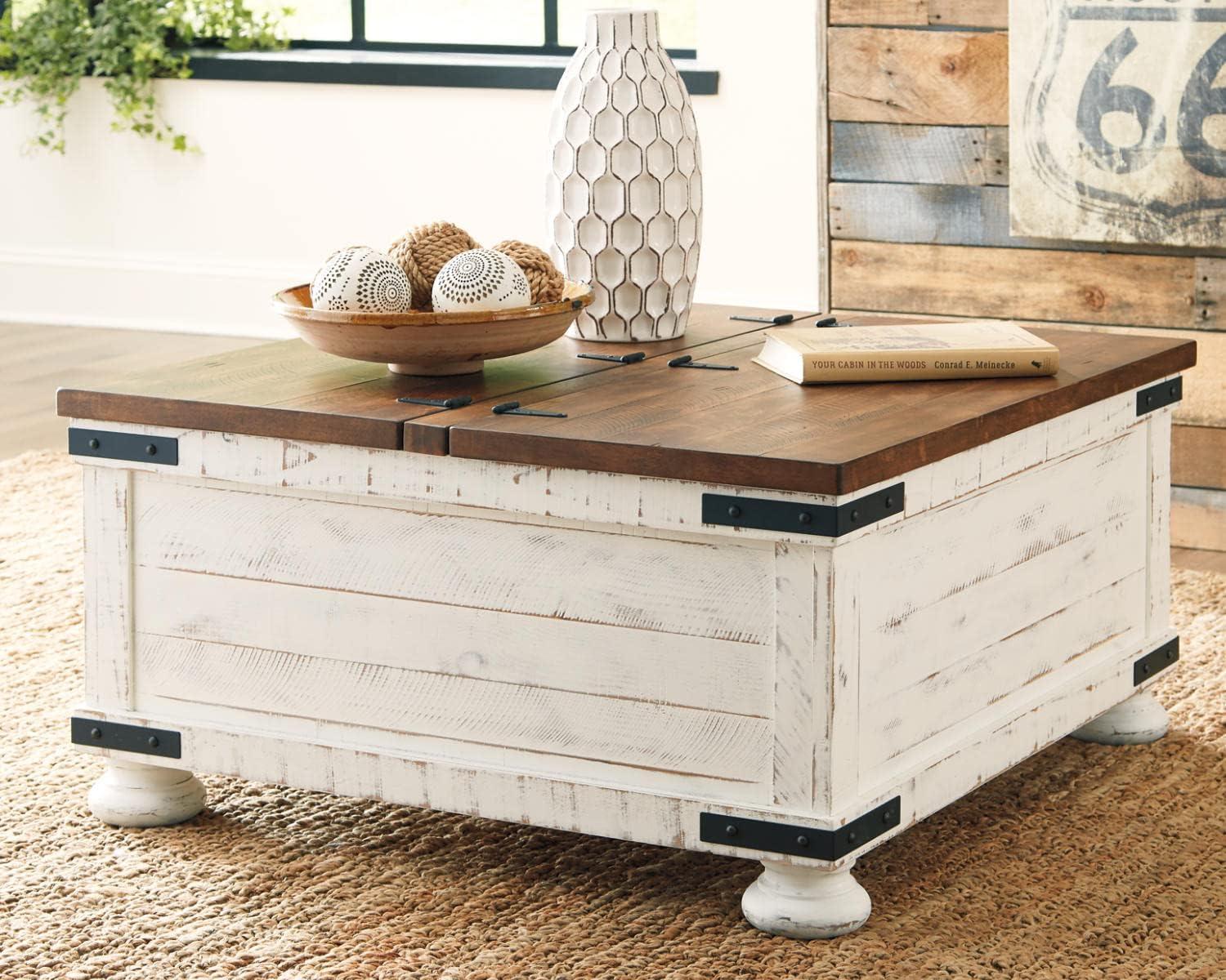 imageSignature Design by Ashley Valebeck Lift Top Coffee Table Storage Splittop Design Wood 36quot W x 36quot D x 18quot H 2tone Distressed Brown ampamp Black FinishWhite