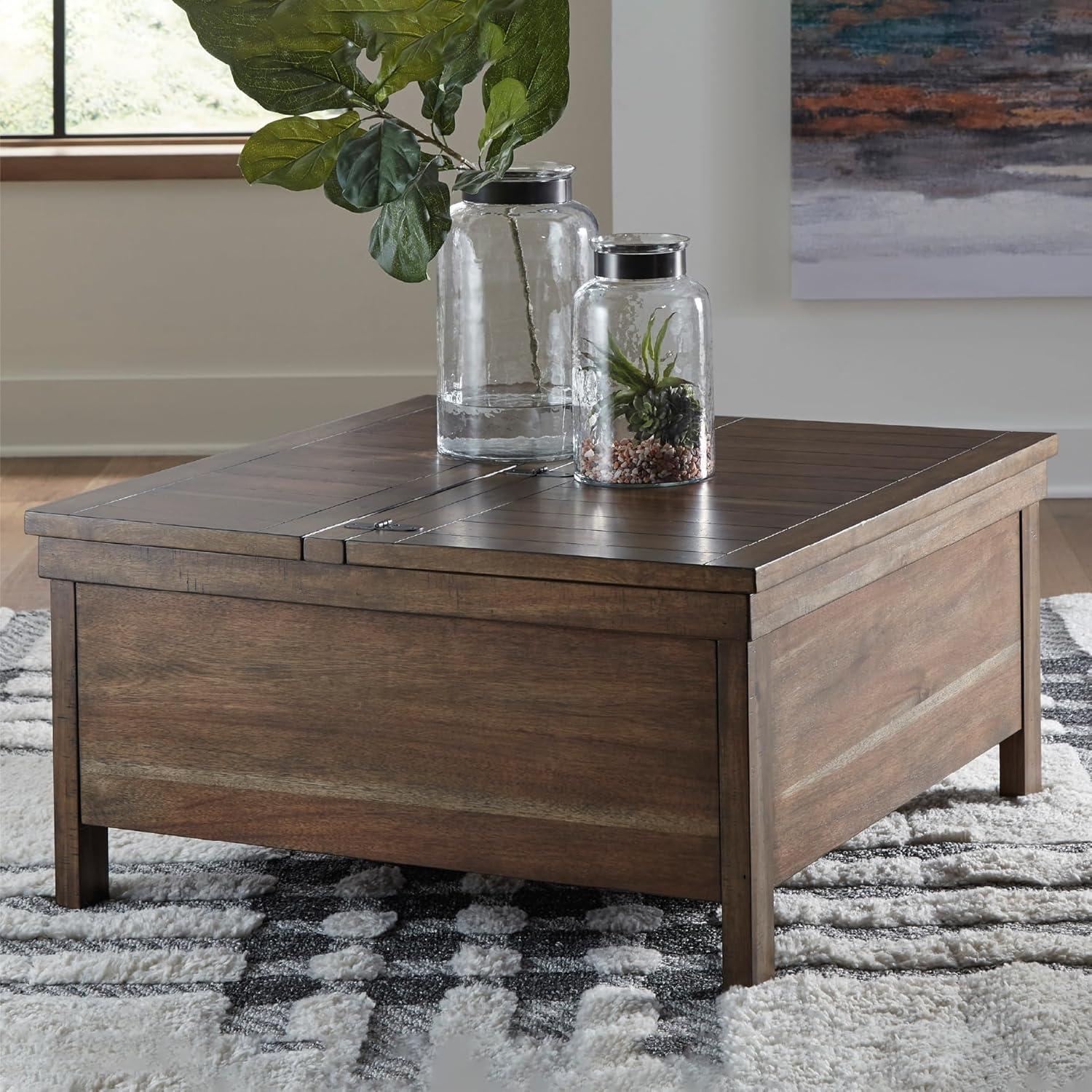 imageSignature Design by Ashley Valebeck Lift Top Coffee Table Storage Splittop Design Wood 36quot W x 36quot D x 18quot H 2tone Distressed Brown ampamp Black FinishLight Brown