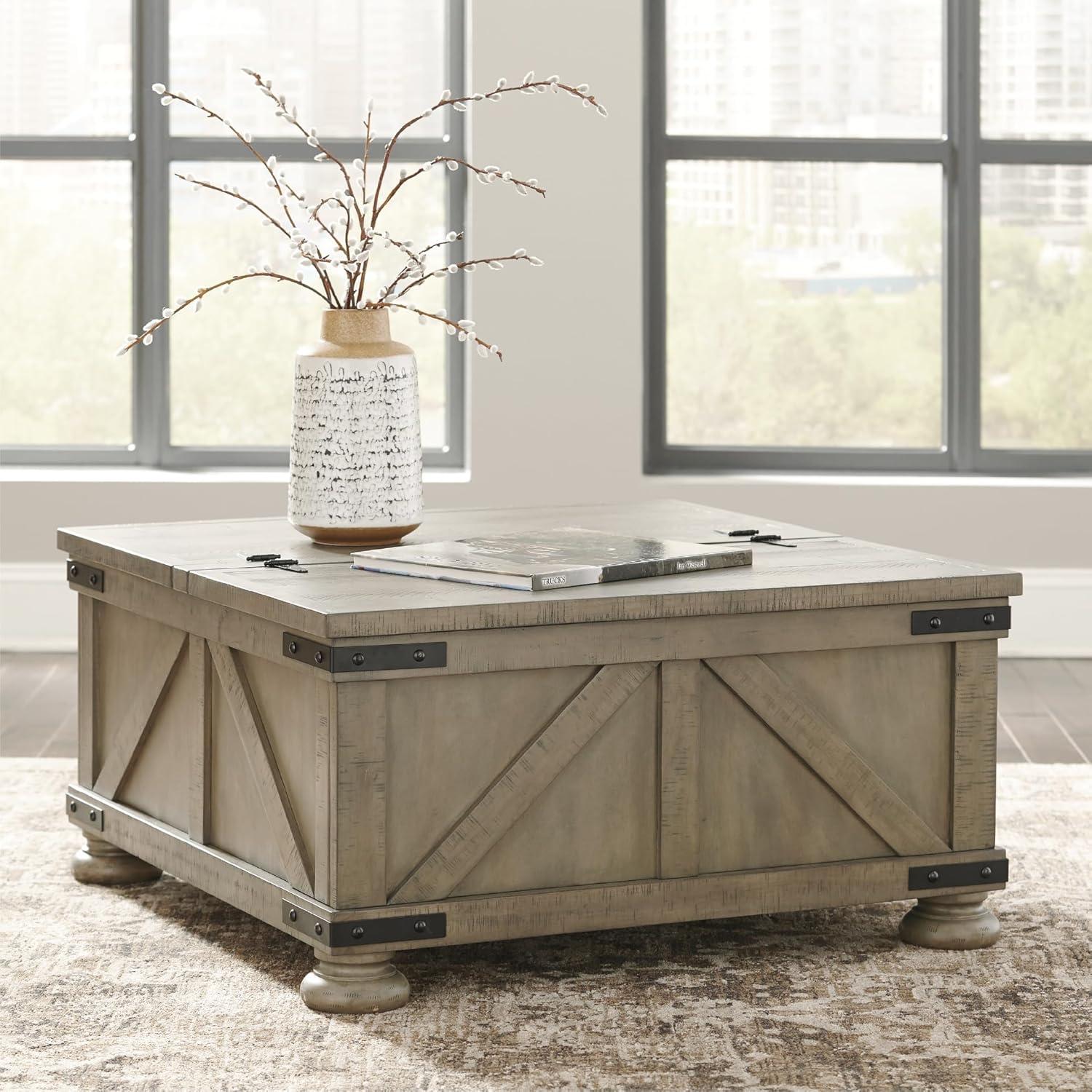 imageSignature Design by Ashley Valebeck Lift Top Coffee Table Storage Splittop Design Wood 36quot W x 36quot D x 18quot H 2tone Distressed Brown ampamp Black FinishGrayish Brown