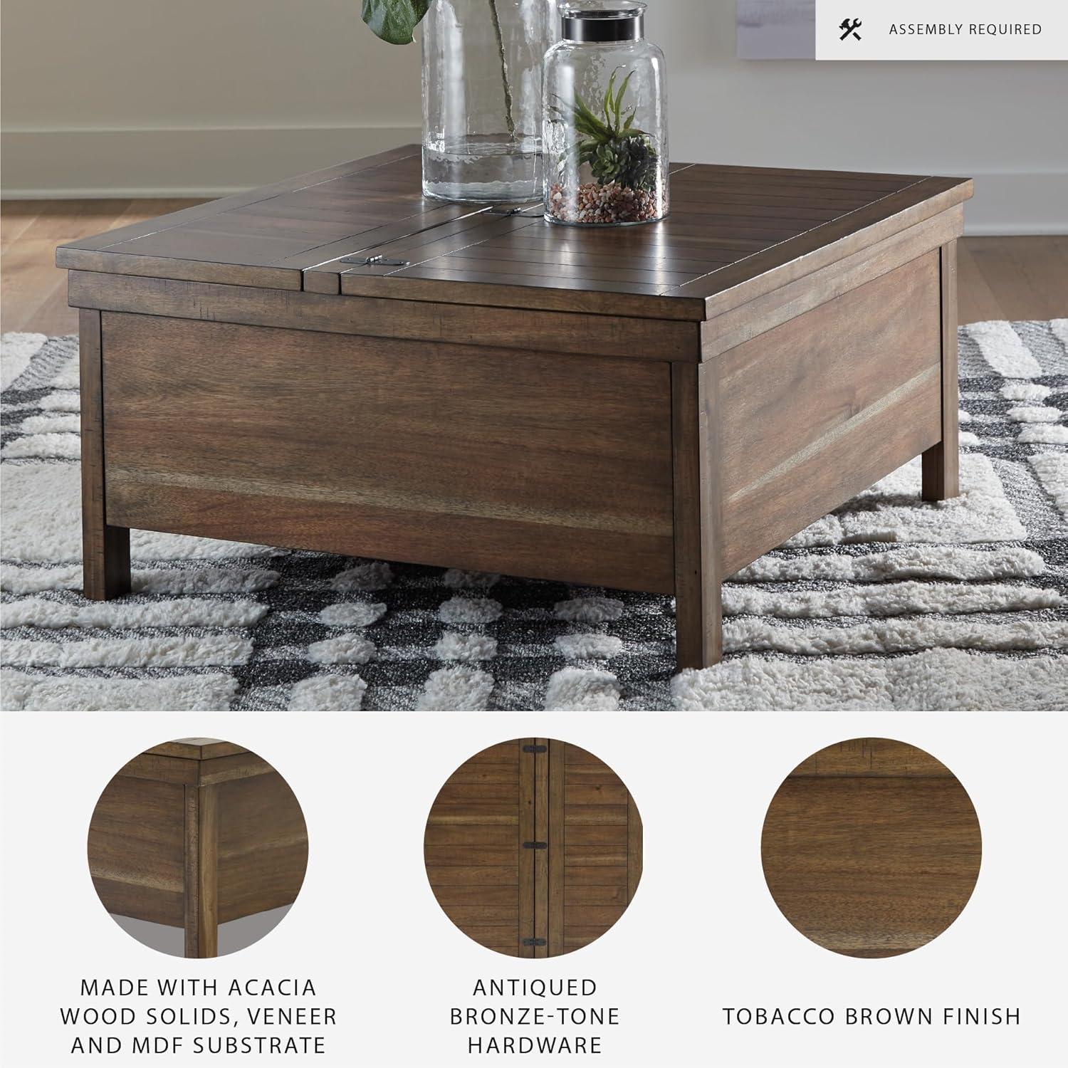 imageSignature Design by Ashley Valebeck Lift Top Coffee Table Storage Splittop Design Wood 36quot W x 36quot D x 18quot H 2tone Distressed Brown ampamp Black FinishLight Brown