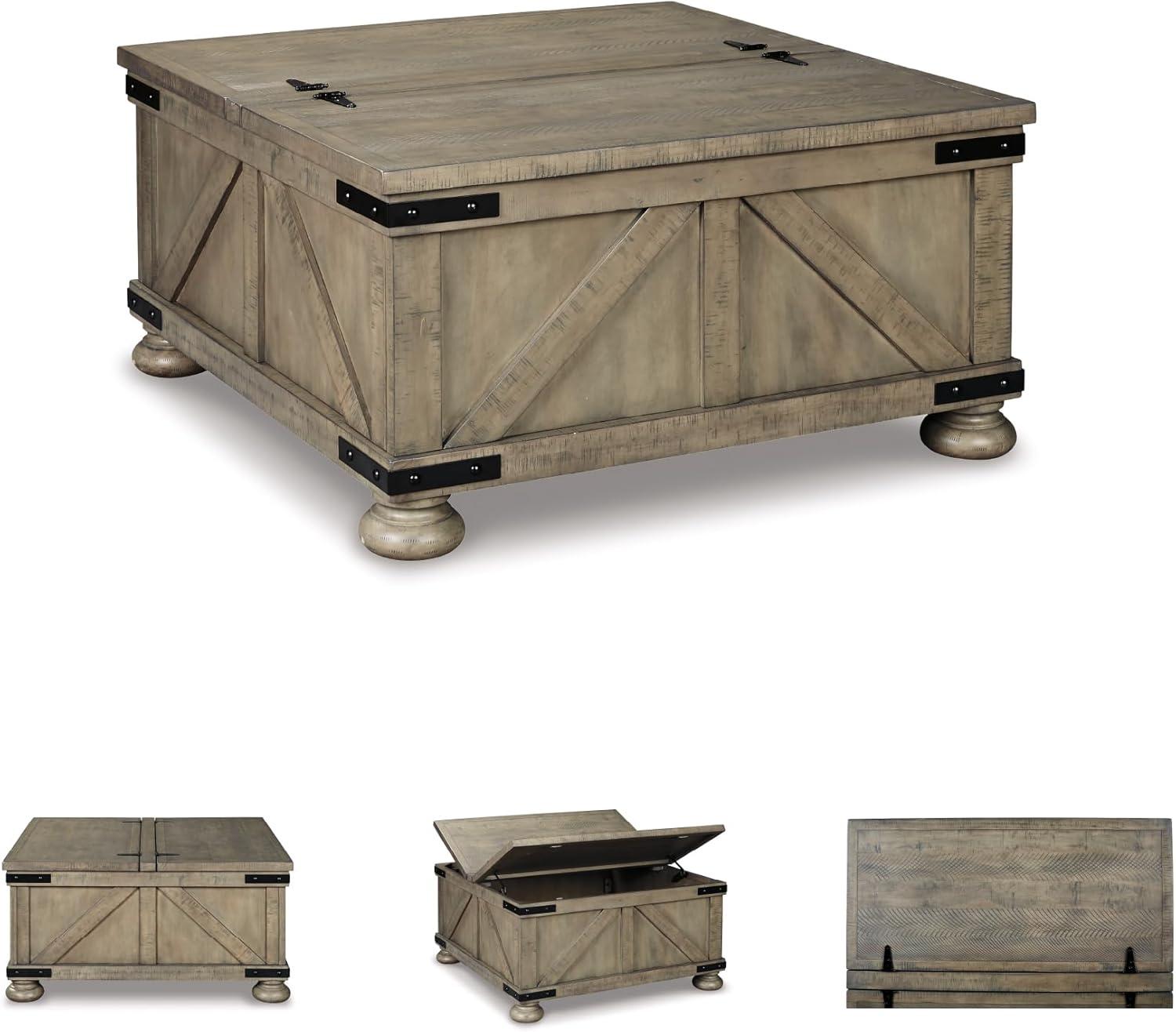 imageSignature Design by Ashley Valebeck Lift Top Coffee Table Storage Splittop Design Wood 36quot W x 36quot D x 18quot H 2tone Distressed Brown ampamp Black FinishGrayish Brown