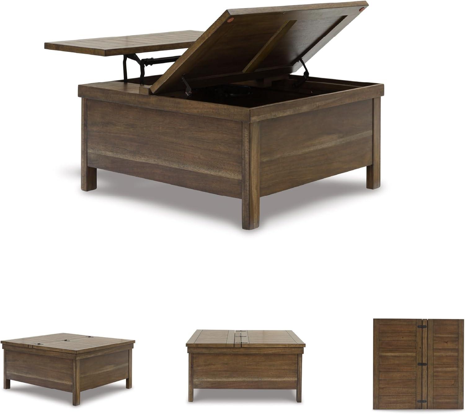 imageSignature Design by Ashley Valebeck Lift Top Coffee Table Storage Splittop Design Wood 36quot W x 36quot D x 18quot H 2tone Distressed Brown ampamp Black FinishLight Brown