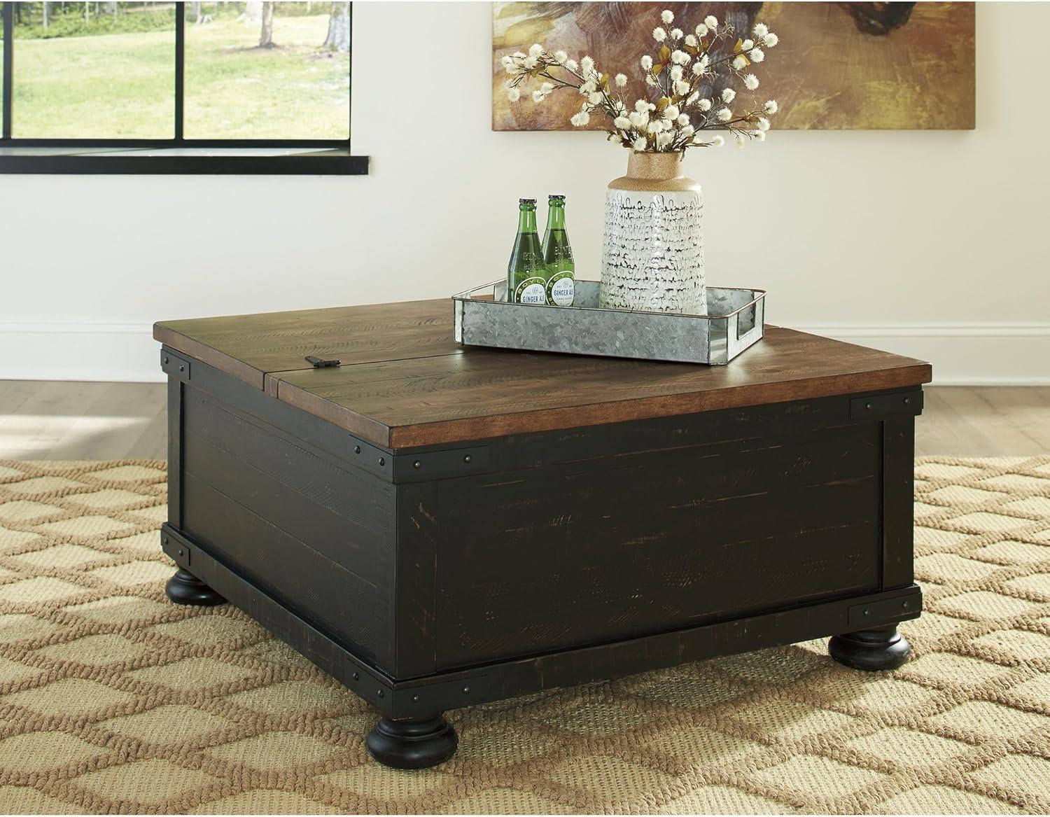 imageSignature Design by Ashley Valebeck Lift Top Coffee Table Storage Splittop Design Wood 36quot W x 36quot D x 18quot H 2tone Distressed Brown ampamp Black FinishBlack