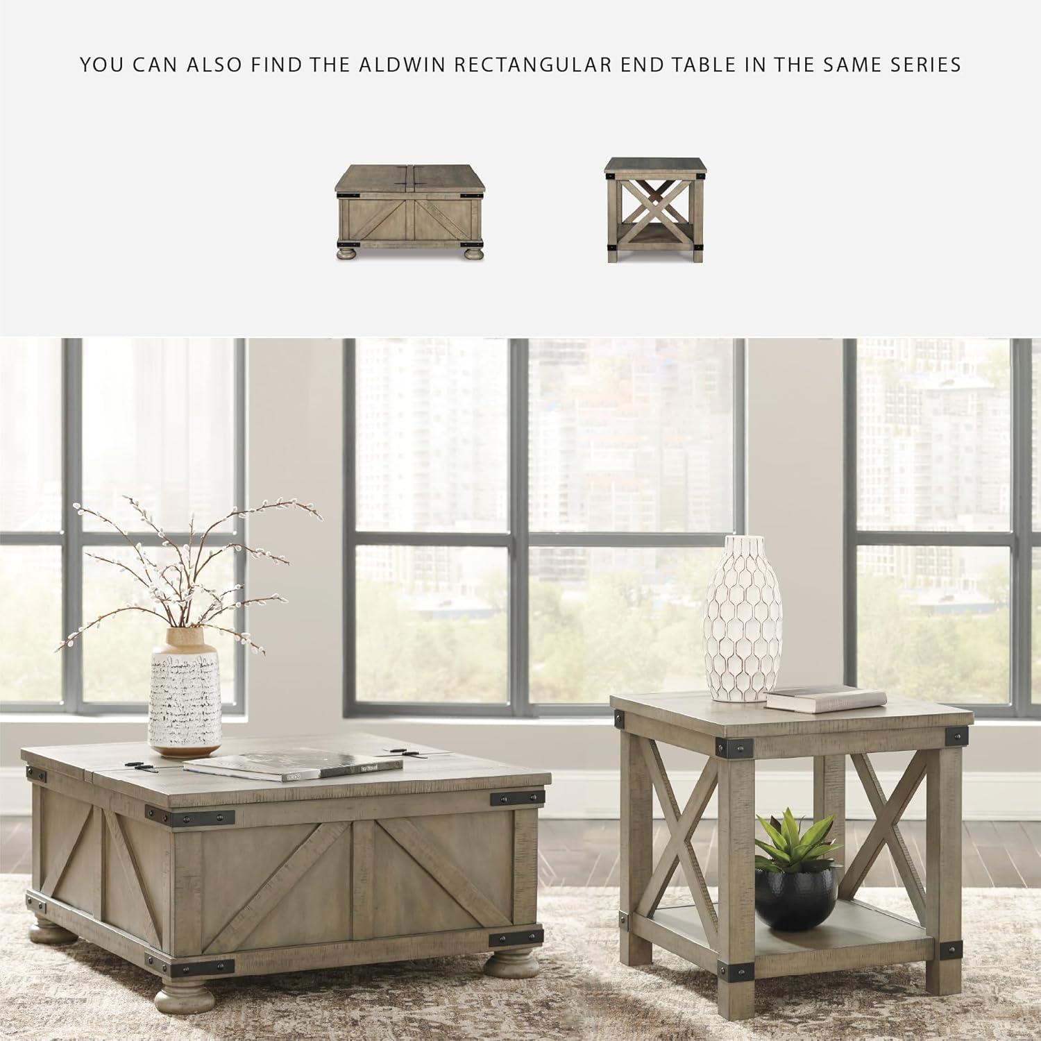 imageSignature Design by Ashley Valebeck Lift Top Coffee Table Storage Splittop Design Wood 36quot W x 36quot D x 18quot H 2tone Distressed Brown ampamp Black FinishGrayish Brown
