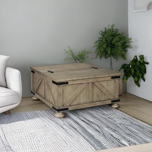 imageSignature Design by Ashley Valebeck Lift Top Coffee Table Storage Splittop Design Wood 36quot W x 36quot D x 18quot H 2tone Distressed Brown ampamp Black FinishGrayish Brown