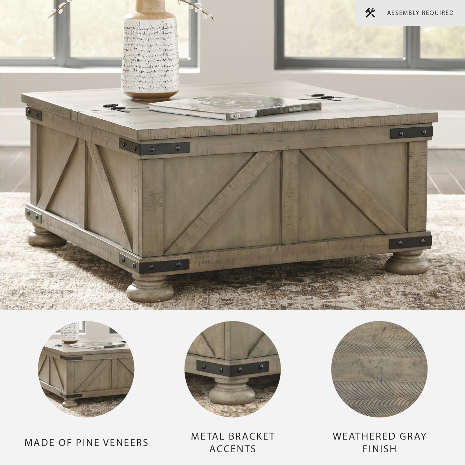 imageSignature Design by Ashley Valebeck Lift Top Coffee Table Storage Splittop Design Wood 36quot W x 36quot D x 18quot H 2tone Distressed Brown ampamp Black FinishGrayish Brown