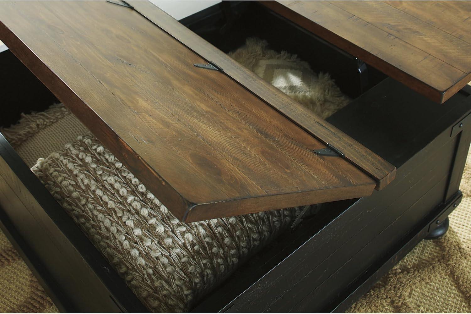 imageSignature Design by Ashley Valebeck Lift Top Coffee Table Storage Splittop Design Wood 36quot W x 36quot D x 18quot H 2tone Distressed Brown ampamp Black FinishBlack