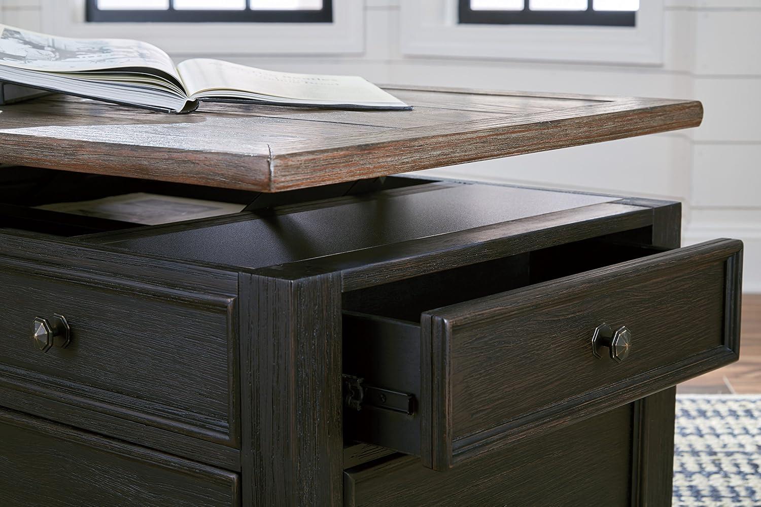 imageSignature Design by Ashley Wildenauer Farmhouse 2Drawer LiftTop Coffee Table with 2 Storage Bins Under Top and Casters Light Brown ampamp BlackBlack