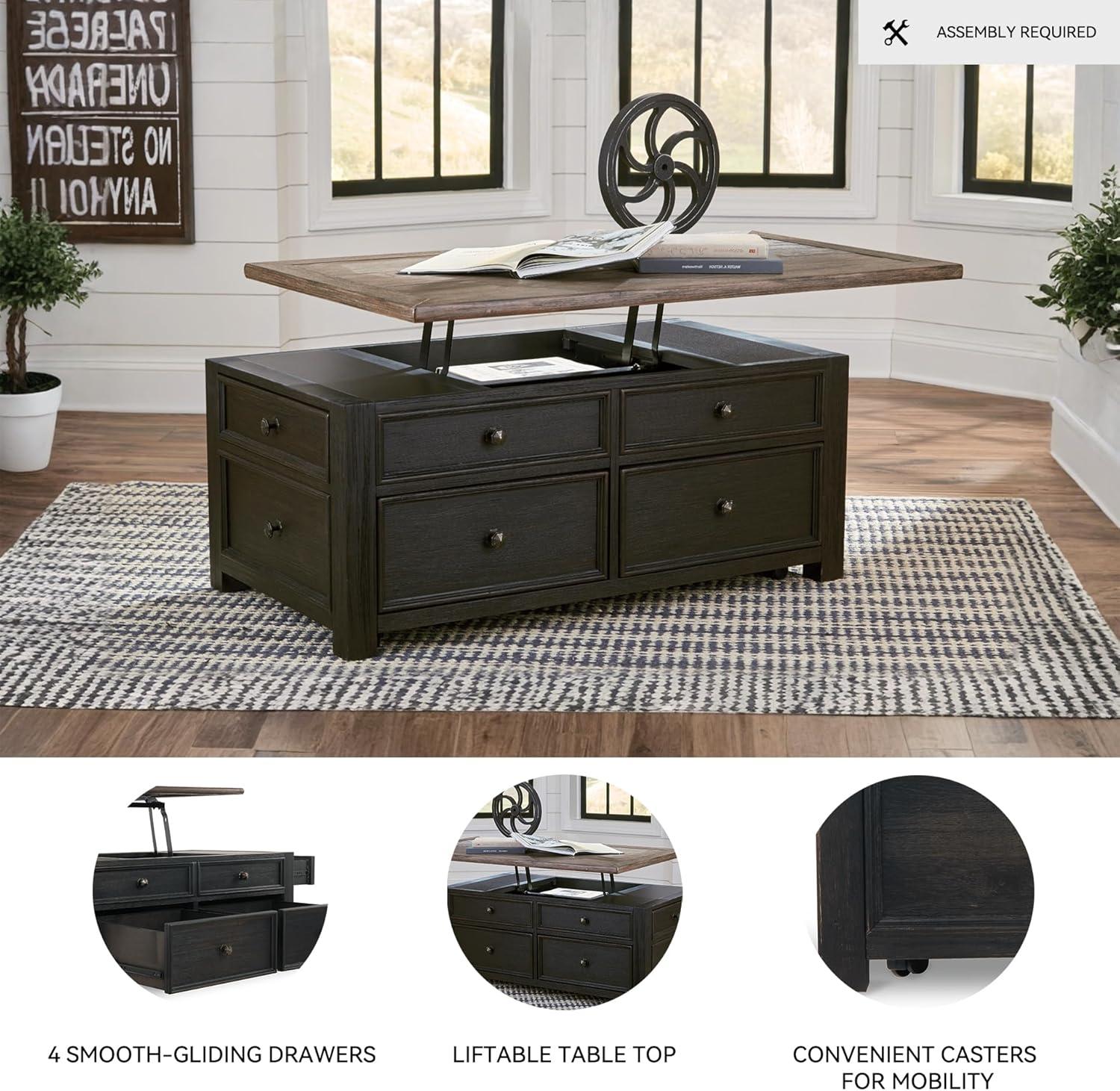 imageSignature Design by Ashley Wildenauer Farmhouse 2Drawer LiftTop Coffee Table with 2 Storage Bins Under Top and Casters Light Brown ampamp BlackBlack
