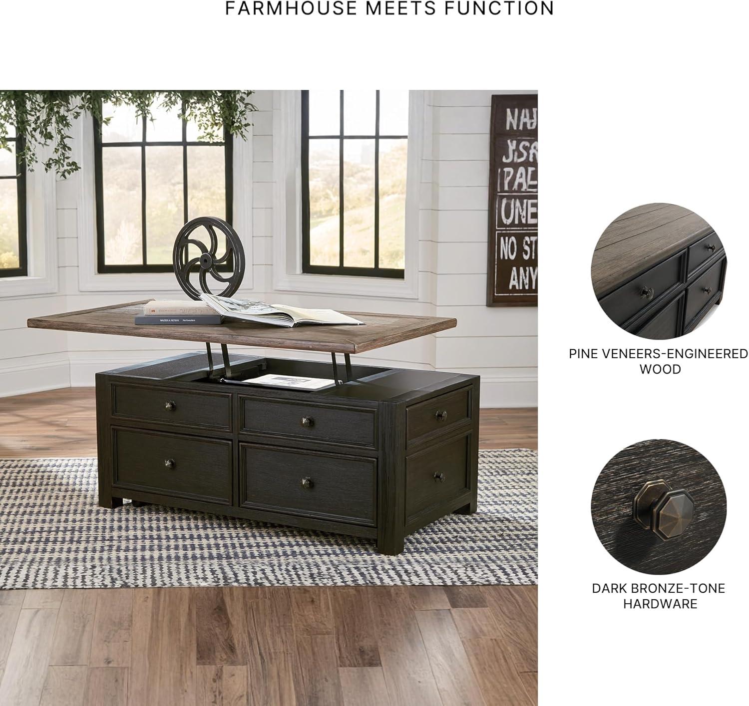 imageSignature Design by Ashley Wildenauer Farmhouse 2Drawer LiftTop Coffee Table with 2 Storage Bins Under Top and Casters Light Brown ampamp BlackBlack