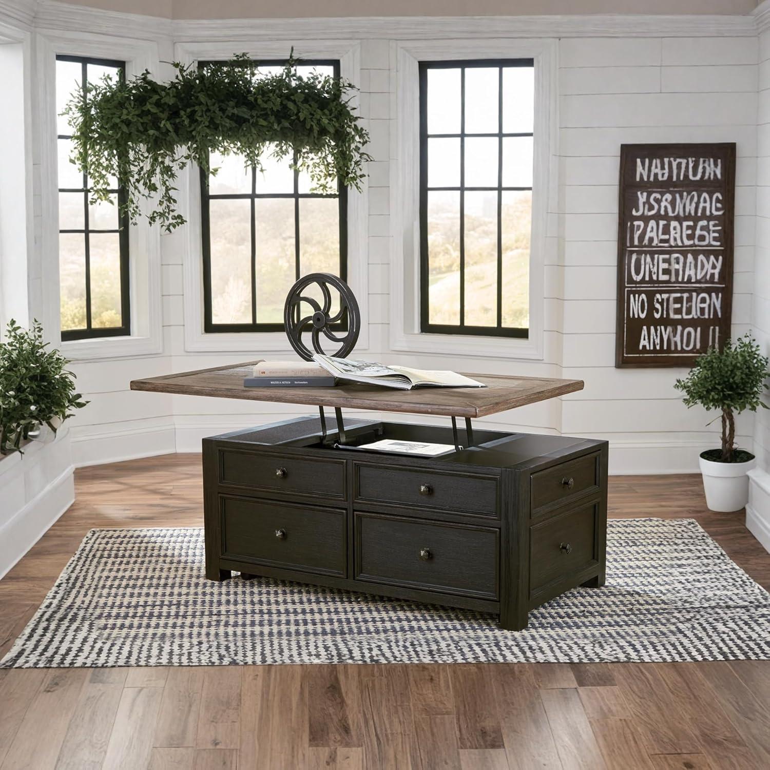 imageSignature Design by Ashley Wildenauer Farmhouse 2Drawer LiftTop Coffee Table with 2 Storage Bins Under Top and Casters Light Brown ampamp BlackBlack