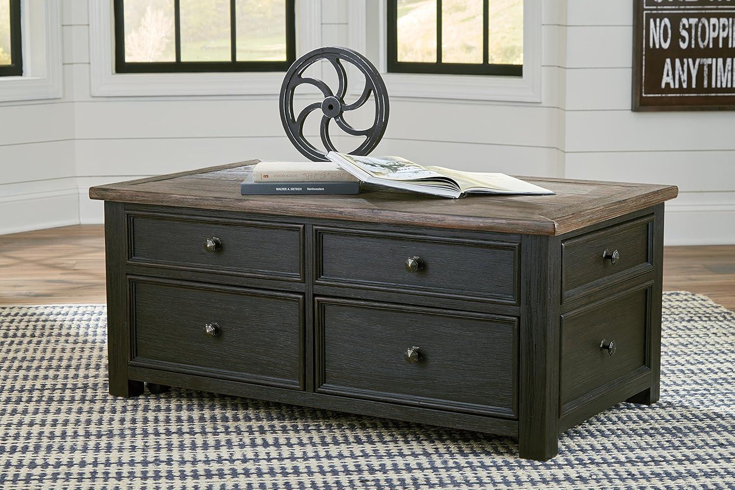 imageSignature Design by Ashley Wildenauer Farmhouse 2Drawer LiftTop Coffee Table with 2 Storage Bins Under Top and Casters Light Brown ampamp BlackBlack