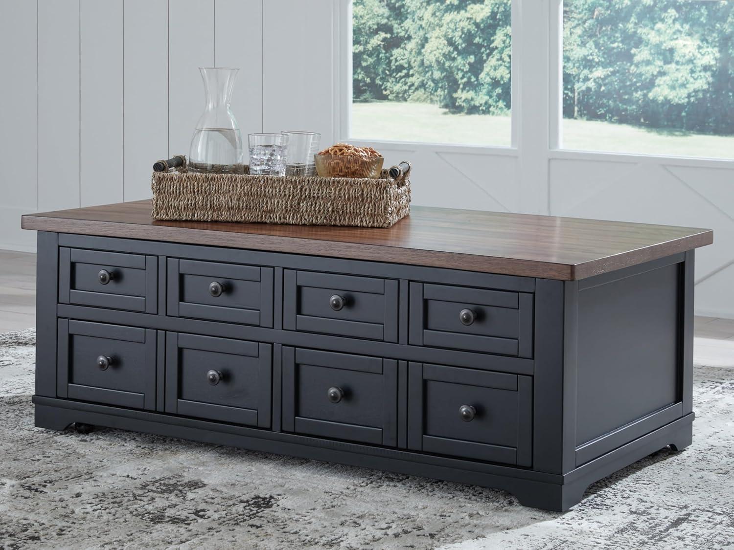 imageSignature Design by Ashley Wildenauer Farmhouse 2Drawer LiftTop Coffee Table with 2 Storage Bins Under Top and Casters Light Brown ampamp BlackBrownBlack