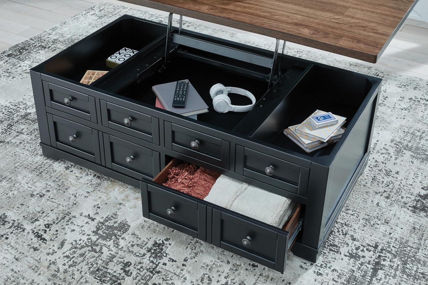 imageSignature Design by Ashley Wildenauer Farmhouse 2Drawer LiftTop Coffee Table with 2 Storage Bins Under Top and Casters Light Brown ampamp BlackBrownBlack